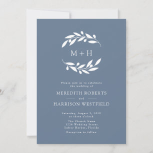 Dusty Blue Olive Branch Monogram Wreath Wedding Invitation