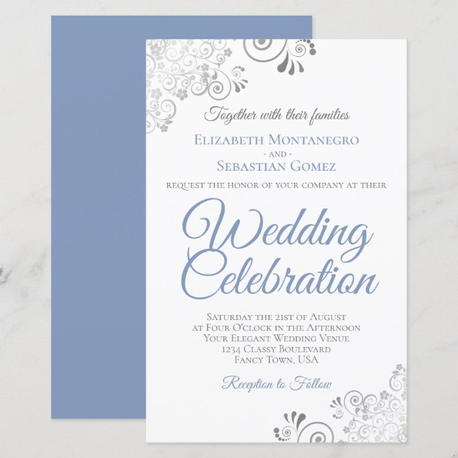 Dusty Blue on White BUDGET Wedding Invite Large (Front/Back)