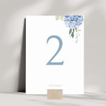 Dusty Blue on White Hydrangea Wedding Table Number<br><div class="desc">Chic and elegant floral wedding table number featuring a table number and optional couple names along with a beautiful blue hydrangea design,  both back and front. Text comes in dusty blue against a white background.  Personalise this card to make it your own.</div>