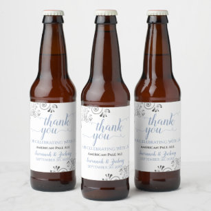 Dusty Blue on White Silver Lace Wedding Thank You Beer Bottle Label