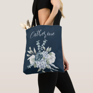 Dusty Blue One Side Script Personalised Name Boho Tote Bag