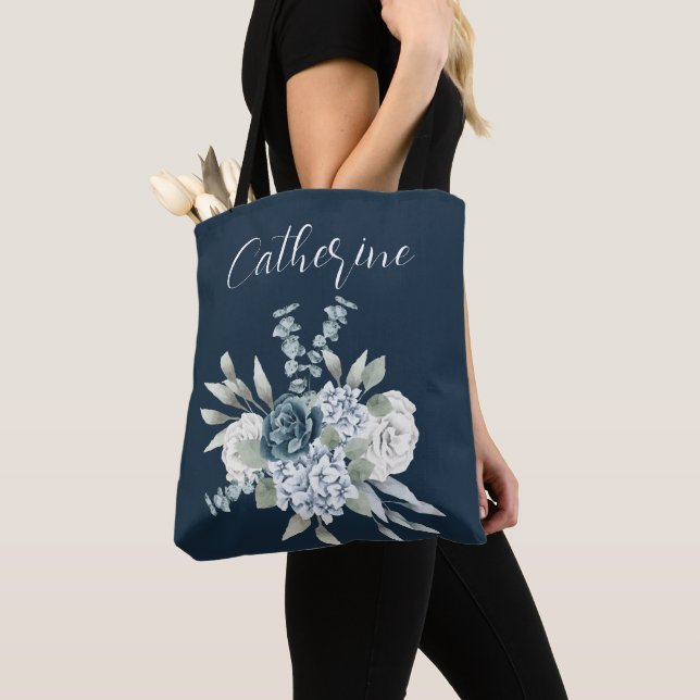 Dusty Blue One Side Script Personalised Name Boho  Tote Bag (Close Up)