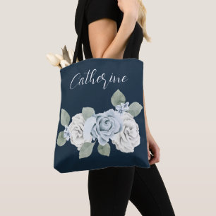 Dusty Blue One Side Script Personalised Name Boho  Tote Bag