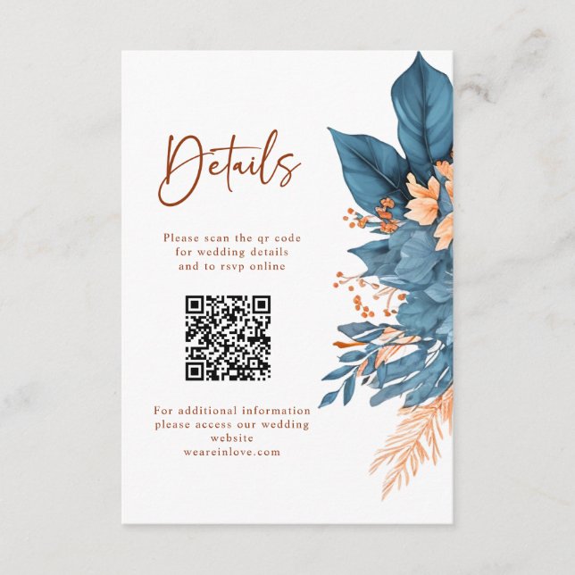 Dusty Blue Orange Floral Elegant Wedding Details Enclosure Card (Front)
