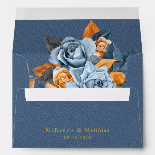 Dusty Blue Orange Gold Peony Rose Wedding Envelope