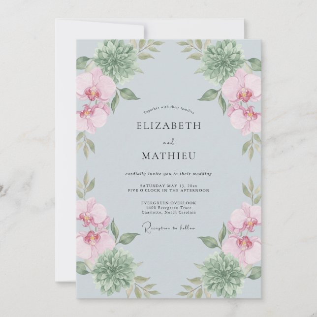 Dusty Blue Orchid Botanical Wedding Invitation (Front)