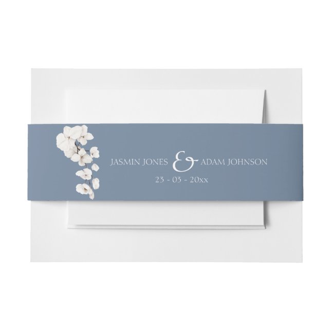 Dusty Blue Orchid Wedding Invitation Belly Band (Front Example)