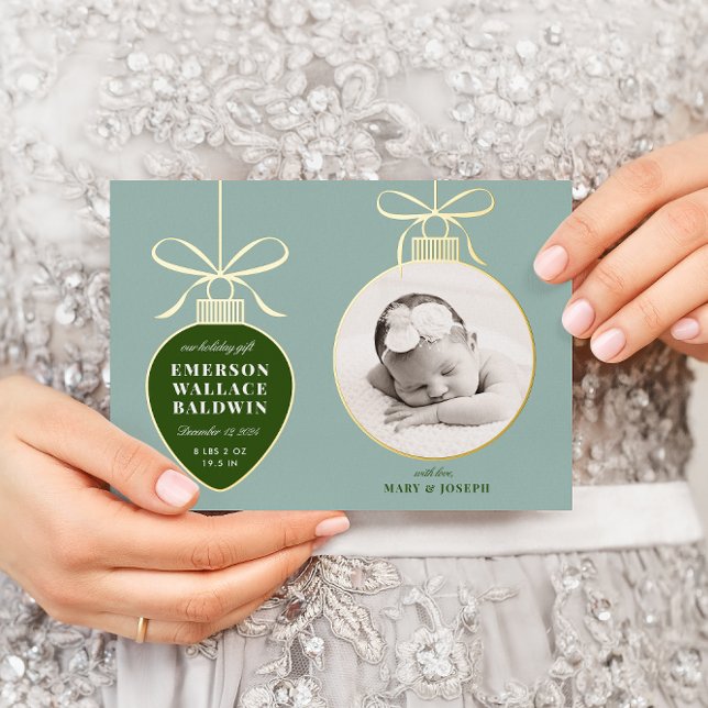 Dusty Blue Ornament Baby Announcement Holiday Card (Creator Uploaded)