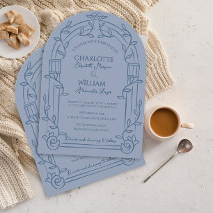 Dusty Blue Ornate Arch Botanical Wedding Invitation