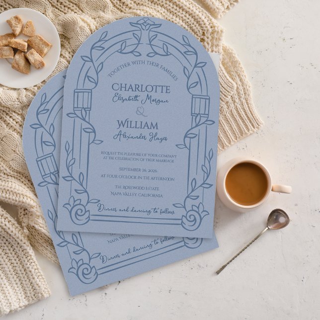 Dusty Blue Ornate Arch Botanical Wedding Invitation (Dusty Blue Ornate Arch Botanical Wedding Invitation | Elegant Garden Estate Wedding Invite)