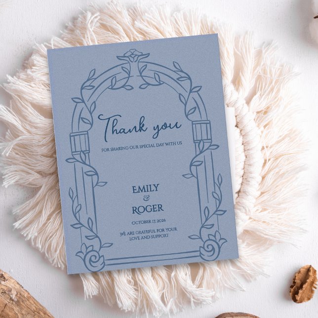 Dusty Blue Ornate Arch Botanical Wedding Thank You Postcard (Dusty Blue Ornate Arch Botanical Wedding Thank You Card | Elegant Wedding Thank You Note)