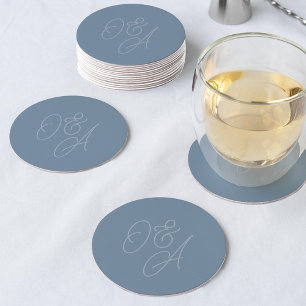 Dusty Blue   Oversized Script Monogram Wedding Round Paper Coaster