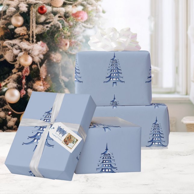 Dusty Blue Pagoda Christmas Tree Pattern Wrapping  Wrapping Paper (Dusty Blue Pagoda Christmas Tree Pattern Wrapping Wrapping Paper)