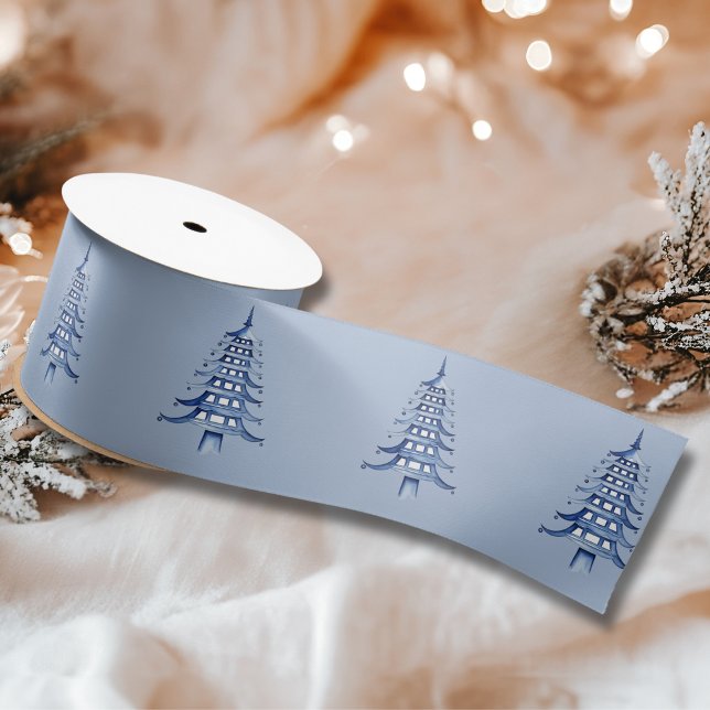 Dusty Blue Pagoda Christmas Tree  Satin Ribbon (Dusty Blue Pagoda Christmas Tree Satin Ribbon)