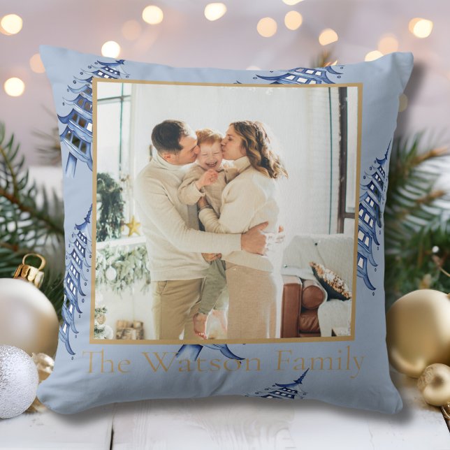 Dusty Blue Pagoda Merry Christmas Tree 1-Photo  Cushion (Dusty Blue Pagoda Merry Christmas Tree 1-Photo Throw Pillow)