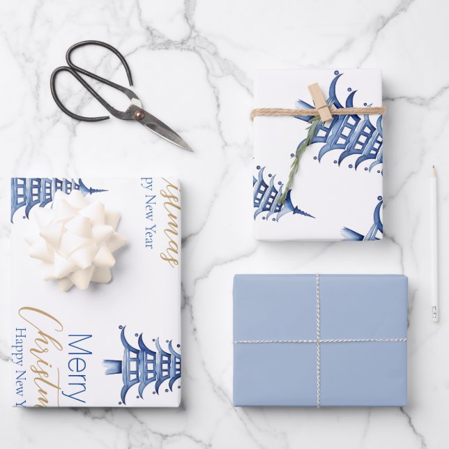 Dusty Blue Pagoda Wrapping Paper Sheet (Front)