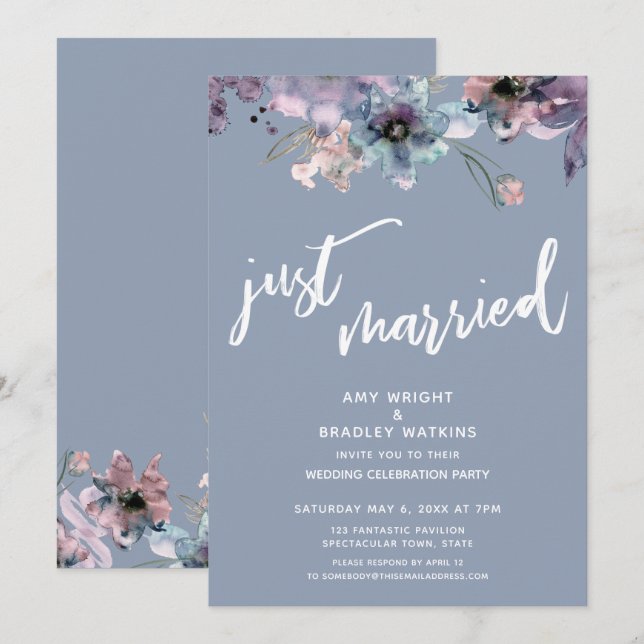 Dusty Blue Painted Floral Just Married Reception Invitation (Front/Back)