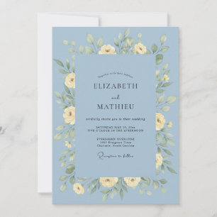 Dusty Blue Painted Floral Romance Wedding Invitation