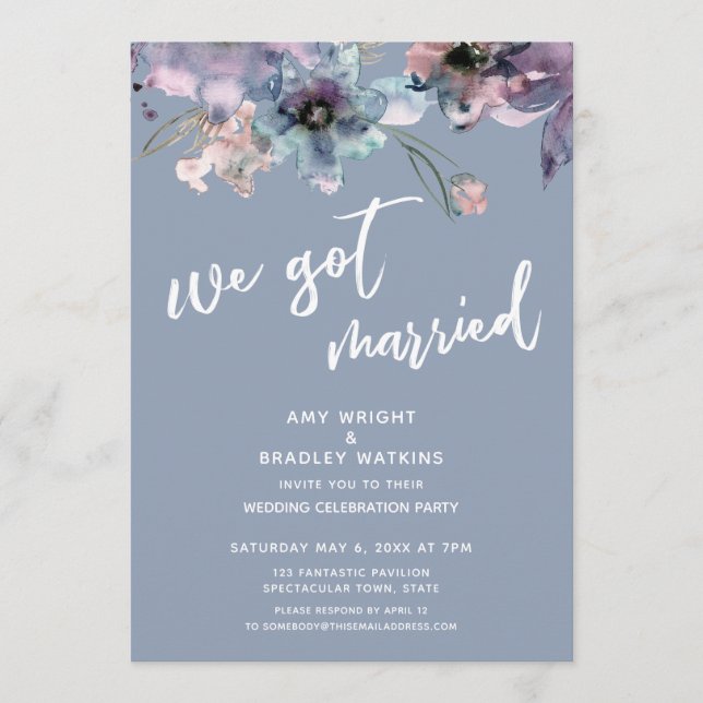 Dusty Blue Painted Floral We Got Married Reception Invitation (Front)