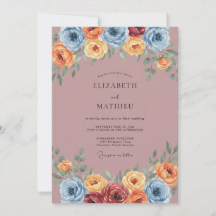 Dusty Blue Painted Floral Wedding Invitation