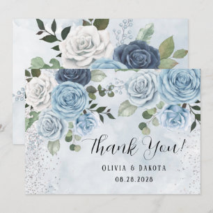 Dusty Blue Painted Floral Wedding Thank You Cards