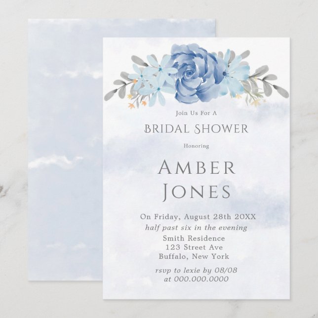 Dusty Blue Painted Peony Bridal Shower Invitation (Front/Back)
