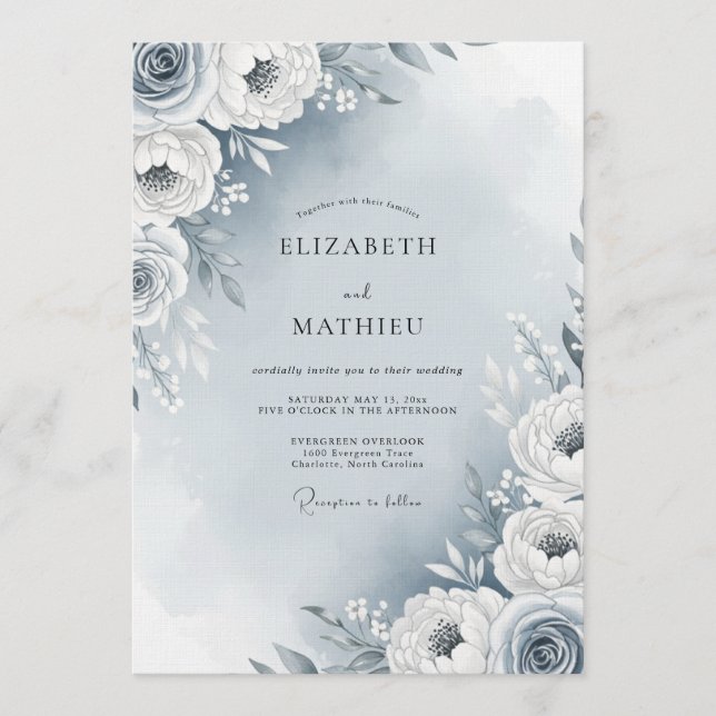 Dusty Blue Painterly Flora Wedding Invitation (Front)