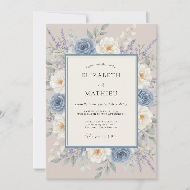 Dusty Blue Painterly Meadow Wedding Invitation (Front)