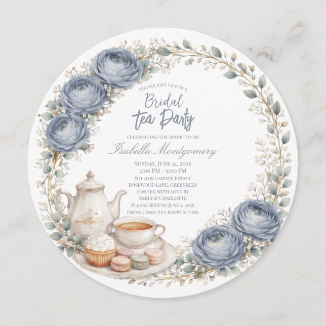 Dusty Blue Palette Tea Party Bridal Shower Invitation (Front)