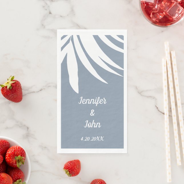 Dusty Blue Palm Leaf Beach Tropical  Wedding Napkin (Insitu)