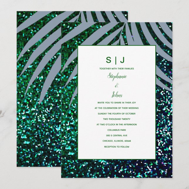 Dusty Blue Palm Leaf Emerald Green Glitter Wedding Invitation (Front/Back)
