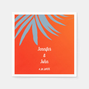 Dusty Blue Palm Leaf Sunset Orange Beach Wedding Napkin