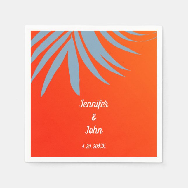 Dusty Blue Palm Leaf Sunset Orange Beach Wedding Napkin (Front)
