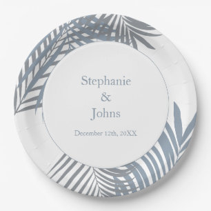 Dusty Blue Palm Leaves Art Elegant Wedding Paper Plate