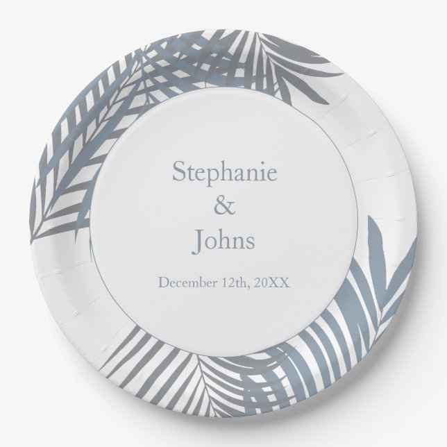 Dusty Blue Palm Leaves Art Elegant Wedding Paper Plate (Front)