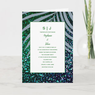 Dusty Blue Palm Leaves Green Glitter Wedding Invitation