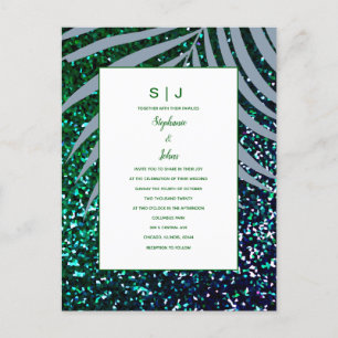 Dusty Blue Palm Leaves Green Glitter Wedding Invitation Postcard