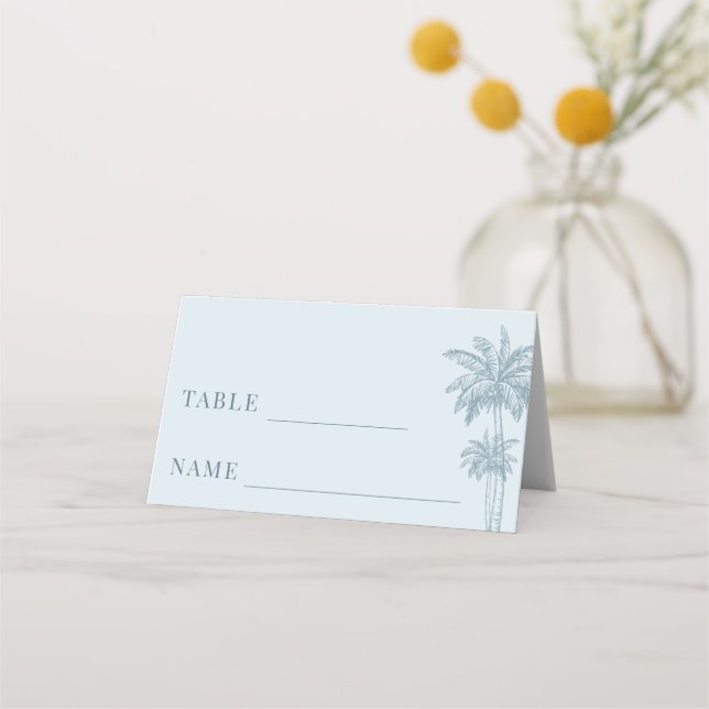 Dusty Blue Palm Tree Boho Beach Wedding Table Place Card (Front)