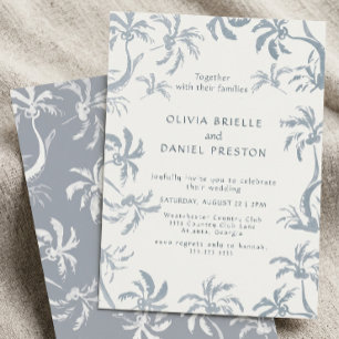 Dusty Blue Palm Tree Tropical Coastal Wedding Invitation