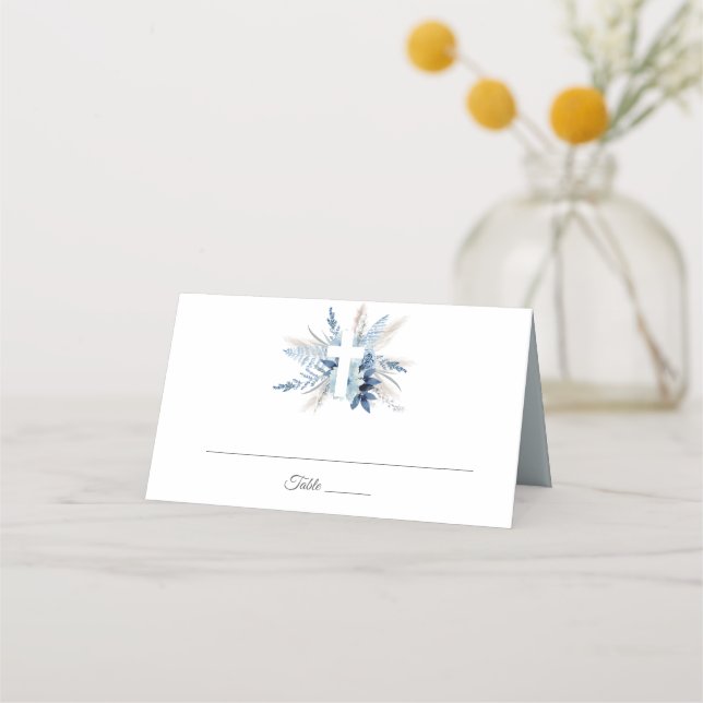 Dusty blue pampas floral first holy communion place card (Front)