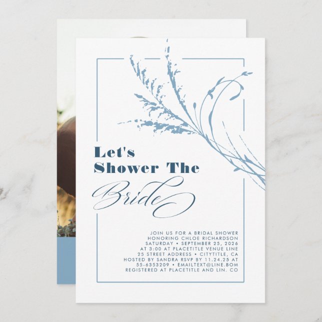 Dusty Blue Pampas Grass Boho Bridal Shower Photo Invitation (Front/Back)