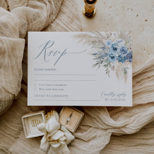 Dusty Blue Pampas Grass Boho Wedding RSVP Reply Card