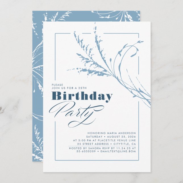 Dusty Blue Pampas Grass Modern Birthday Party Invitation (Front/Back)