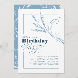 Dusty Blue Pampas Grass Modern Birthday Party Invitation