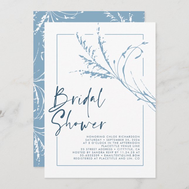 Dusty Blue Pampas Grass Modern Boho Bridal Shower Invitation (Front/Back)