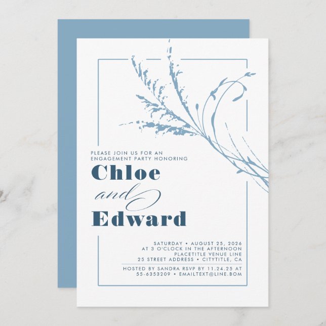 Dusty Blue Pampas Grass Modern Engagement Party Invitation (Front/Back)