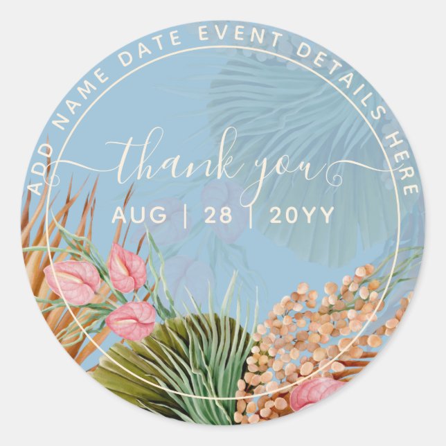 Dusty Blue Pampas Grass Thank You Favour Classic R Classic Round Sticker (Front)