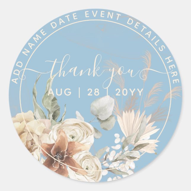 Dusty Blue Pampas Grass Thank You Favour Classic Round Sticker (Front)