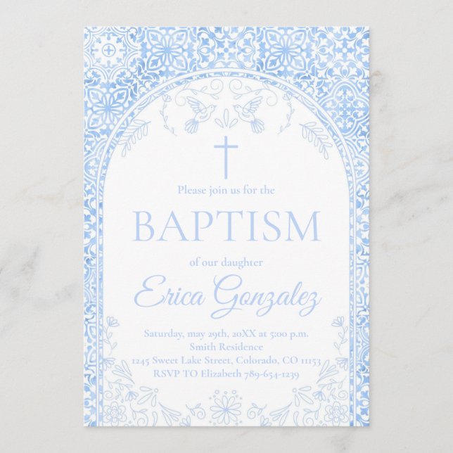 Dusty Blue Papel Picado Baptism Invitation (Front)