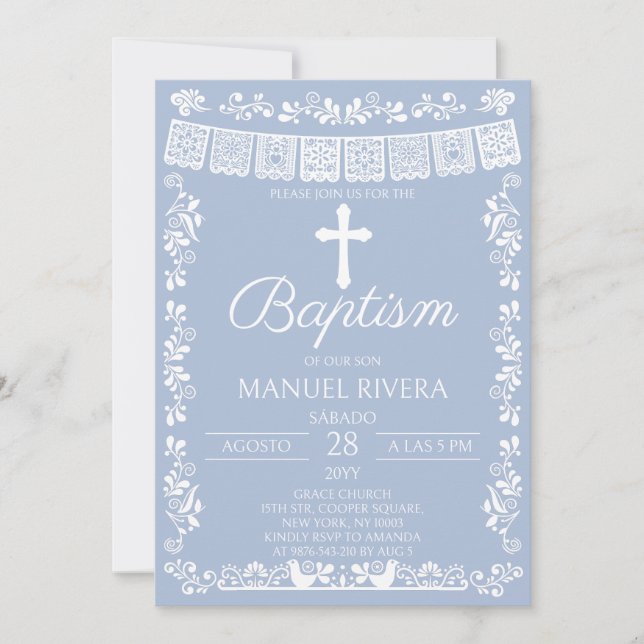 Dusty Blue Papel Picado Baptism Invitation (Front)